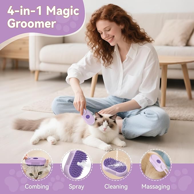 4 in 1 Pet Steam Brush for Shedding,Rechargeable cat brushes for indoor cats,Quiet Detangling Brush for Long Haired Cats and Dogs(Purple)
