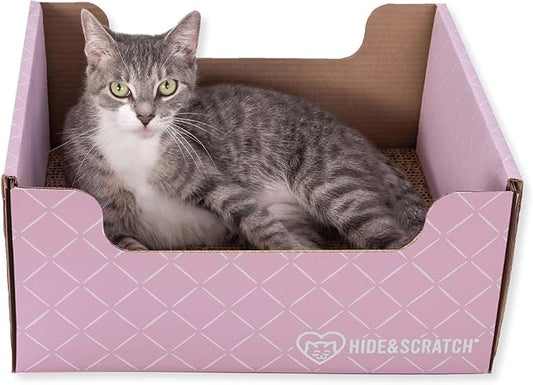 Hide & Scratch Cardboard Cat Scratcher Box & Bed - Light Pink Diamond | Double-Sided Corrugated Pad for Indoor Cats | Refillable Scratching Board Toy for Play & Furniture Protection