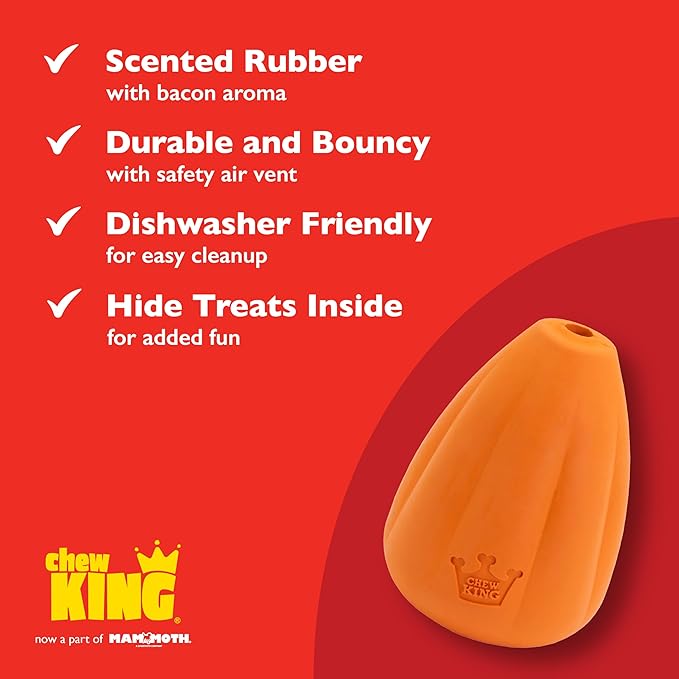 Chew King by Mammoth Premium Treat Dog Toy, Extremely Durable Natural Rubber Toy, Bacon Flavored Dog Treater, Orange Medium