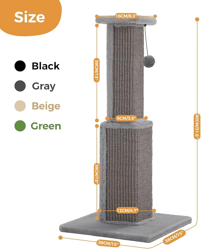 PAWZ Road Large Cat Scratching Post 32” Tall Scratching Post for Indoor Cats Adults Ultimate Scratch Post with Woven Sisal, Large Base and Removable Dangling Ball- Grey