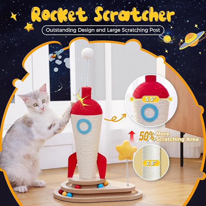 PETEPELA Cat Scratching Post, Rocket Sisal Cat Scratcher, 24.8'' Cute Scratching Post with 2-Layers Wooden Track Cat Toys & Spring Pompom for Indoor Cats Adults