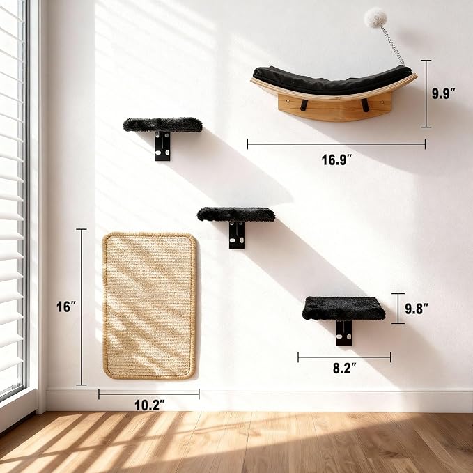 Cat Shelves for Wall，5 in 1 Cat Furniture Set with Soft Pad，Space-Saving Wall Mounted Shelves for Play & Rest