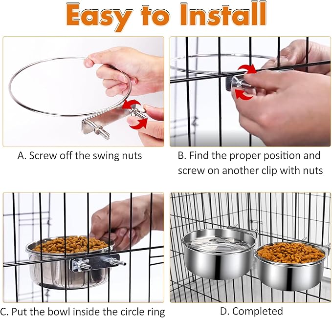 Dog Kennel Food and Water Bowls, 2 Pack Hanging Metal Dog Bowls No Spill, Stainless Steel Pet Dish for Small & Medium Breed Pets (6.3 x 2.6” & 5.5 x 2.4”)