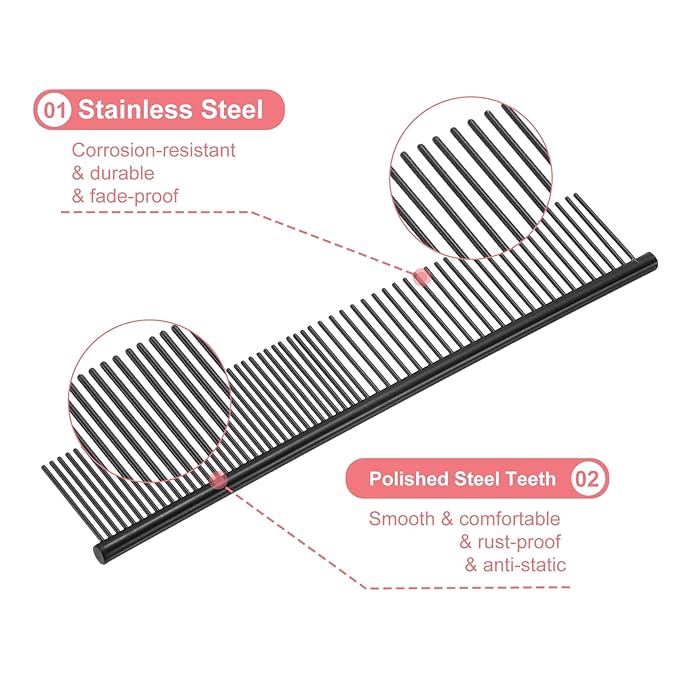 Dog Cat Comb, Pet Combs Stainless Steel Teeth with Rounded Ends for Knots Mats Loose Hair Removal, 7.5IN (Black Coated, 3 Pack), Grooming Tool Intended for Long Curly Hair Pet