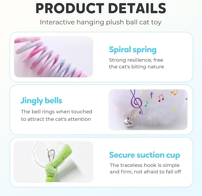 Drkicsy Hanging Spring Plush Cat Toy Ball, Hanging Cat Toys for Indoor Cats with Bell, Pet Spring Toy Interactive Toys for Cats Kittens Play Chase Exercise (2PCS Pink)