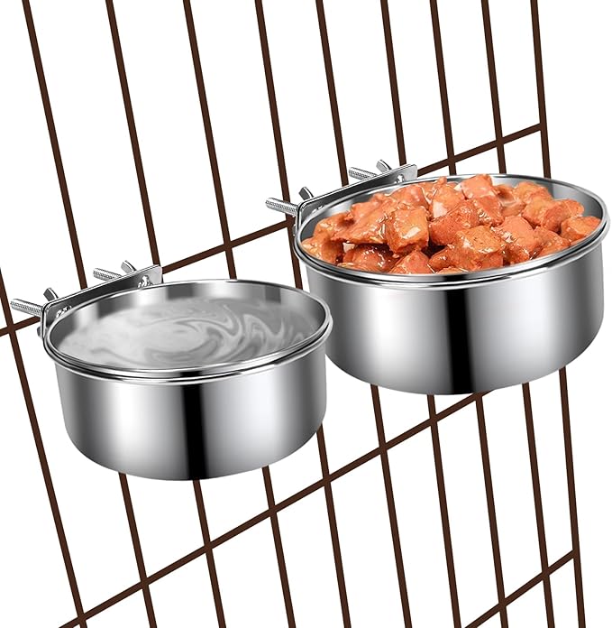 Dog Kennel Food and Water Bowls, 2 Pack Hanging Metal Dog Bowls No Spill, Stainless Steel Pet Dish for Small & Medium Breed Pets (6.3 x 2.6” & 5.5 x 2.4”)