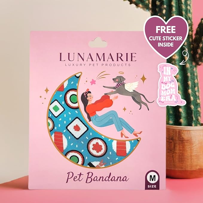 LunaMarie - Luxury Pet Birthday Bandanas -Premium & Silky Poly Fabric | 100% Handmade | Custom Shape Dual Layered (Sushi, Medium)
