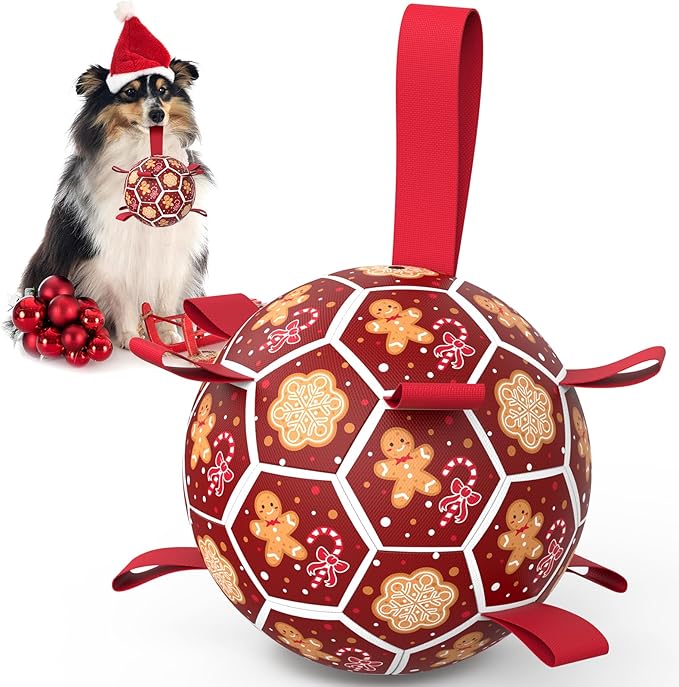 Diman Dog Soccer Ball with Straps, Christmas Dog Toys, Pet Toys Balls for Meium Large, Pet Birthday Gift, Outdoor Pet Toys for Tug of War (7 Inch)