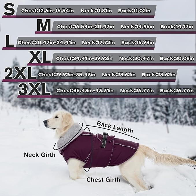 Lelepet Warm Dog Coat Waterproof Dog Jacket for Medium Dogs Reflective Fleece Vest with Adjustable Buckle Hook & Loop Windproof Cold Weather Coats for Small Medium Large Dogs, Dark Purple, M