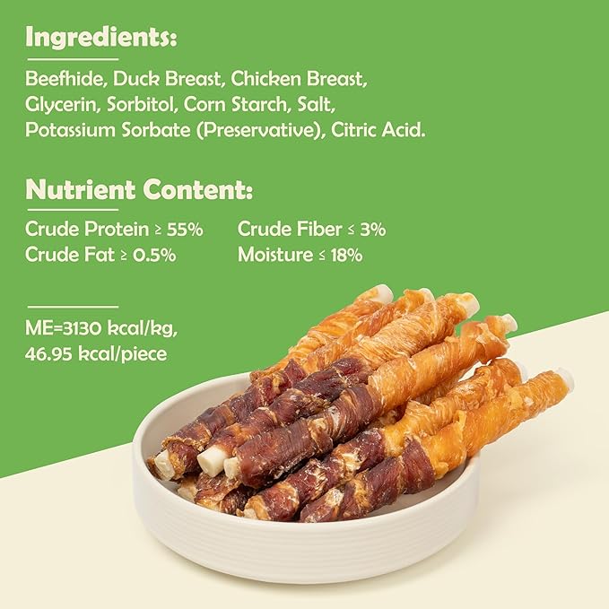 MON2SUN Dog Treats 5 Inch Double Flavor Chicken & Duck Wrapped Rawhide Sticks, Teeth Cleaning for Small Dogs, 10.6 oz (20 Count)