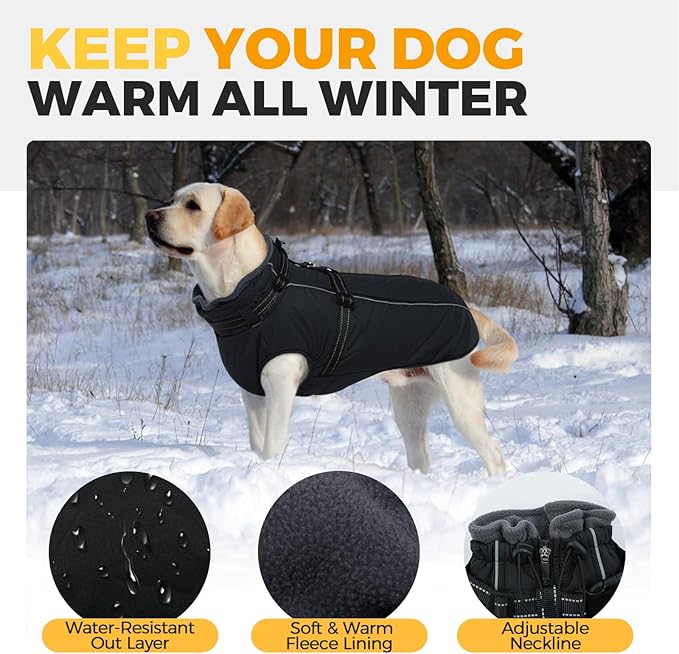 Lelepet Waterproof Dog Jacket with Harness Built in Warm Dog Winter Coat, Reflective Fleece Jacket, Dogs Coats for Lage Dogs, Thermal Turtleneck Pet Snowsuit for Cold Weather, French Bulldogs, Black L