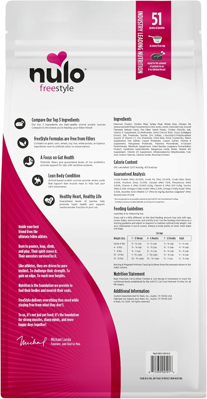 Nulo Freestyle High Protein Cat & Kitten Food, Chicken & Cod Recipe - Natural Grain-Free Dry Cat Food with Omega Fatty Acids & Probiotics, 14 lb Bag