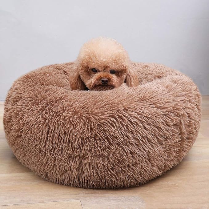 BODISEINT Modern Soft Plush Round Pet Bed for Cats or Small Dogs, Mini Medium Sized Dog Cat Bed Self Warming Autumn Winter Indoor Snooze Sleeping Cozy Kitty Teddy Kennel (24'' D x 8'' H, Coffee)