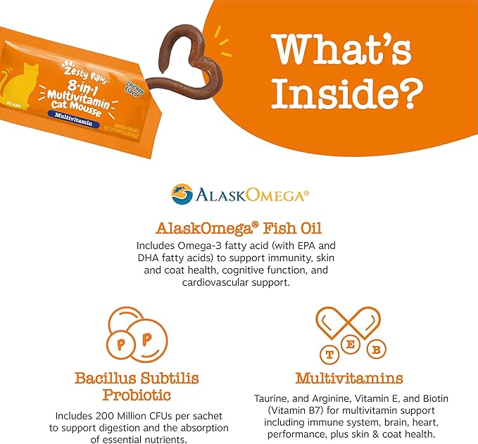 Zesty Paws 8-in-1 Multivitamin Cat Vitamins & Supplements Mousse - Cat Vitamins for Indoor Cats - Healthy Treat Squeeze Up for Gut, Immune, Heart, Skin & Coat Support - Chicken 14ct