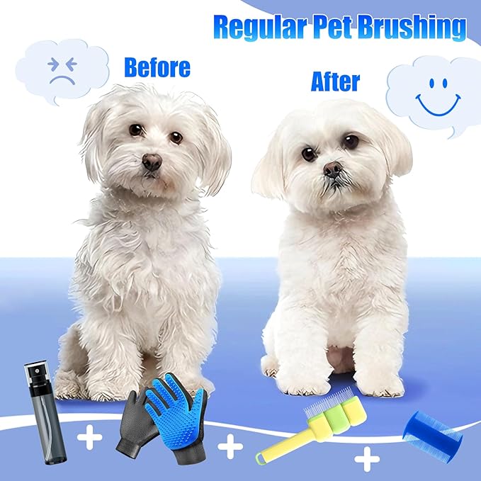 9 PCS Multifunctional Pet Grooming Brush Set for Dogs & Cats – Deshedding Gloves, Hair Removal Combs, Spray Bottle & Lice Flea Combs, Essential Bathing,Brushing & Shedding Tool Kit for Dog & Cat Care