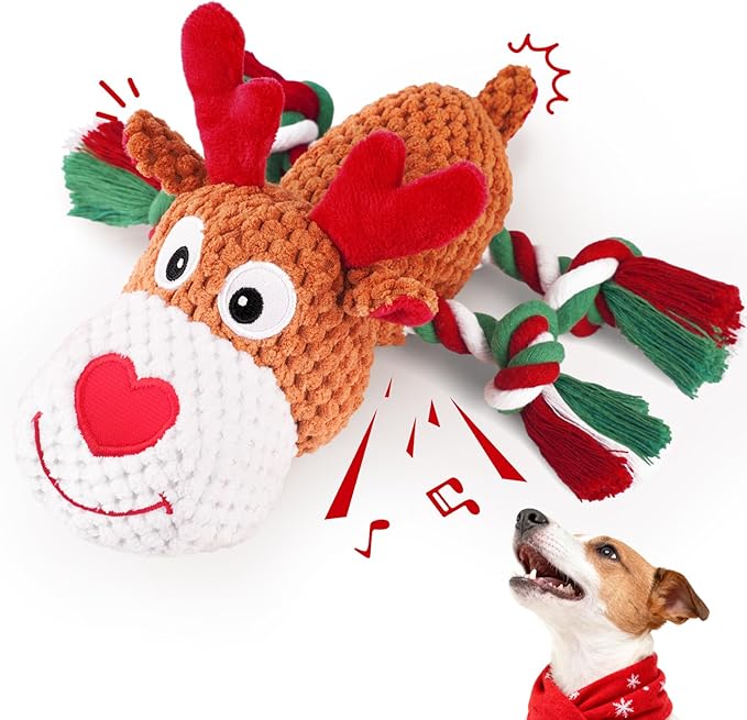 Christmas Dog Toys - Rope Reindeer Durable Squeaky Plush Dog Toy for Small, Medium & Large Dogs, Soft Xmas Gift for Pets