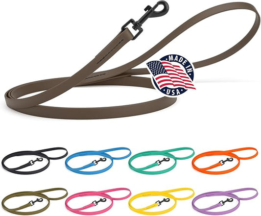 Dogline Biothane Waterproof Dog Leash Strong Coated Nylon Webbing with Black Hardware Odor-Proof Easy to Clean High Performance for Small or Large Dogs Made in USA 4 or 6 ft Lead, Dark Chocolate Brown