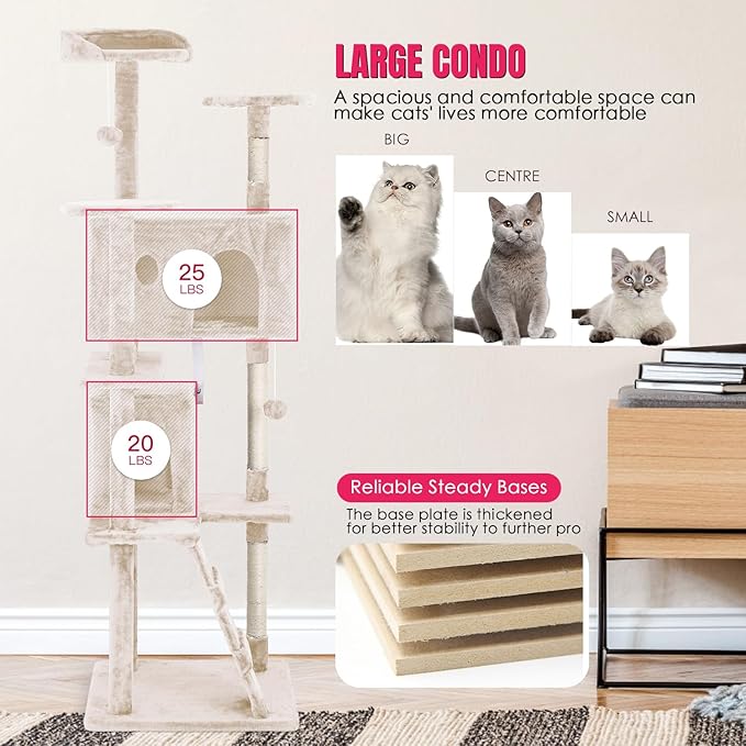 PayLessHere Cat Tree 70in Cat Tower with Cat Scratching Post,Multi-Level Cat Condo Stand House Furniture Kitty Activity Center with Furry Ball Toys Cat Tree for Indoor Cats.Beige