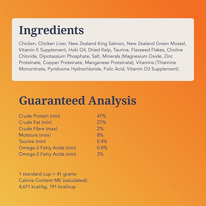 Feline Natural Freeze Dried Cat Food - Grain-Free and High Protein Cat Food from New Zealand, Complete Meal or Topper for Kittens, Adults, and Senior Cats, Chicken and King Salmon, 320g