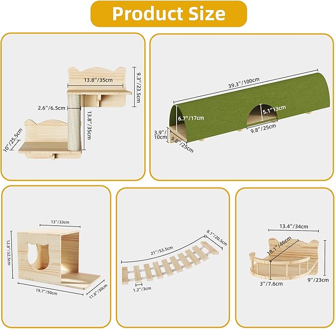 Cat Wall Shelves, 18-in-1 Solid Wood Wall-Mounted Cats Furniture Set with Scratching Post, Cat Climbing Wall Systems with 40''L Tunnel, Step, Condo, House, Bridge Ladder, Cats Shelf Furniture