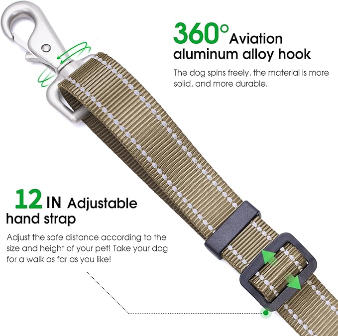 Hands-Free Dog Leash, Heavy Duty No-Pull Training Lead w/Anti-Tangle, Double Padded Traffic Handles Adjustable 5-5.6FT & Reflective Thread for Medium Large Dogs for Running/Walking Khaki