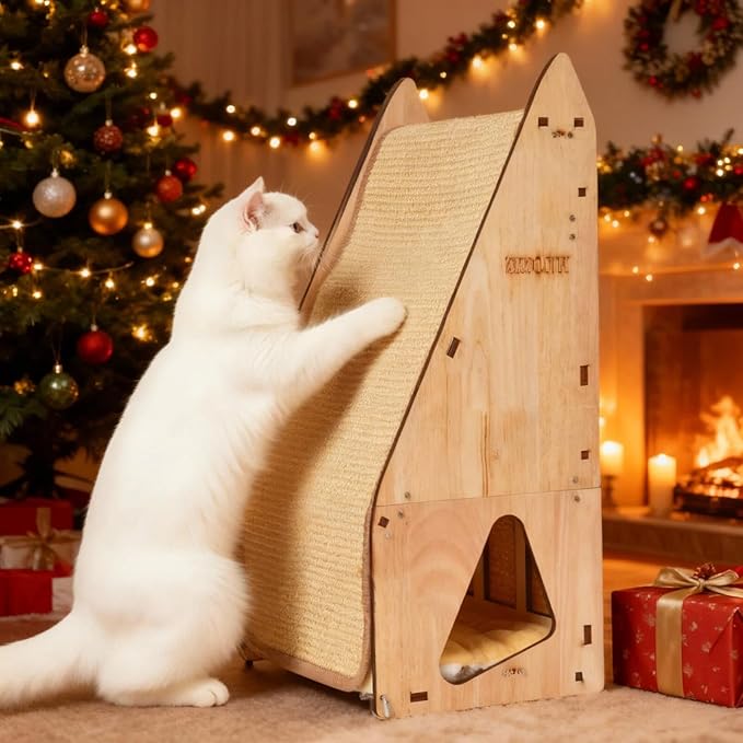 Enhanced Wood-Framed Cat Scratching Post: Large Sisal Cat Scratcher, Integrated Scratch Post Pad Condo Tunnel House. All-in-One Space Saver for Multi-Cat & Budget-Friendly Homes(24in)