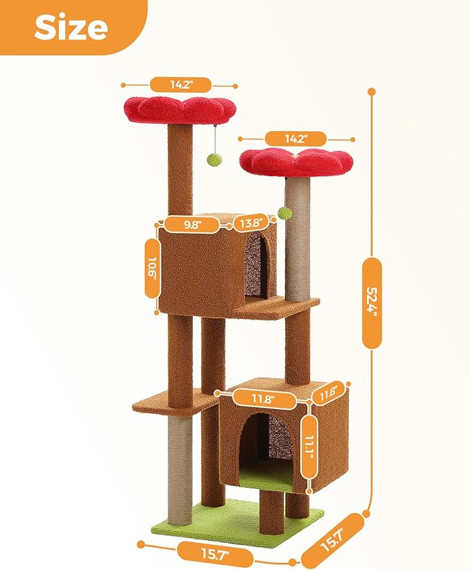 Cat Tree for Indoor Cats, 52.4" Tall Cat Tower with 2 Flower Perches, 2 Cozy Condos & 2 Sisal Scratching Posts - Multi-Level Kitty Climbing Furniture, Pet Playhouse for Adult Cats, Brown/Red