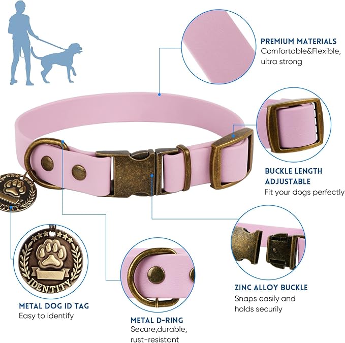 Wisedog Dog Collar and Leash Set, Waterproof Adjustable Puppy Collars with Cute Tag 5FT Dog Leash with Poop Bag for Small Medium Large Dogs (L, Pale Pinkish Purple)