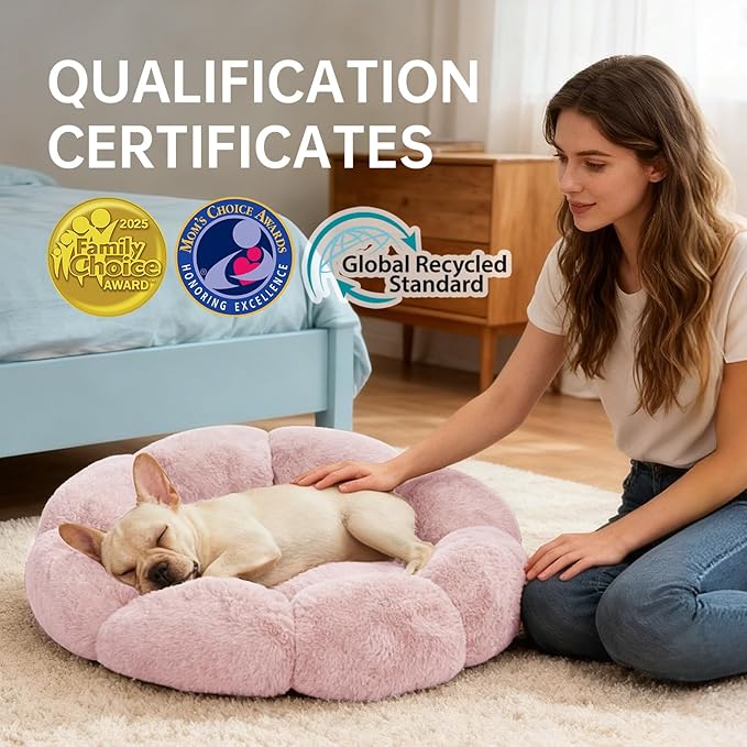 OhGeni 27 inches Calming Donut Dog & Cat Bed for Medium Pets, Warming Comfort Fluffy Short Pile Fur, Durable Machine Washable Round Bed, Cute Round Bed for Puppy and Kitten, Pink