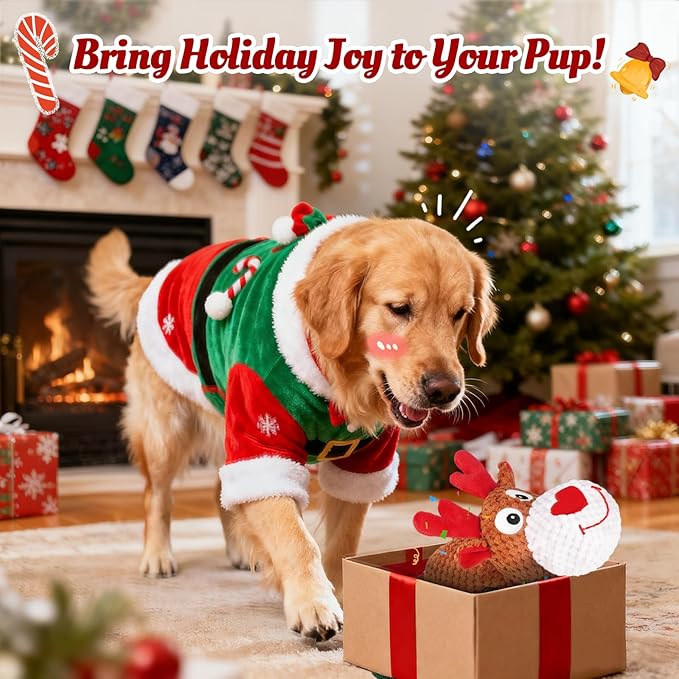 Christmas Dog Toys - Rope Reindeer Durable Squeaky Plush Dog Toy for Small, Medium & Large Dogs, Soft Xmas Gift for Pets