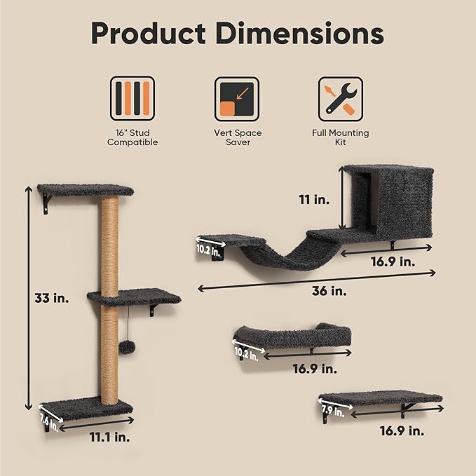 FUKUMARU Cat Wall Shelves, Stable & Safe 4 in 1 Cat Furniture Set, Wooden Climbing Wall with Scratching Post for 16 Inch Drywall - Gray