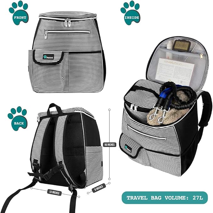 PetAmi Dog Travel Bag Backpack, Airline Approved Dog Bags for Traveling, Puppy Diaper Bag Supplies, Pet Camping Essentials Hiking Accessories Gift, Food Container, Collapsible Bowls, Stripe Black
