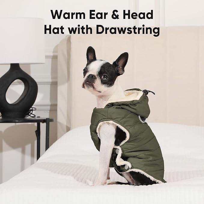 Fleece Lining Dog Hoodie with Harness Built in,Extra Warm Medium Dog Jacket in Winter Doggie Coats with Drawstring Hooded,Green L