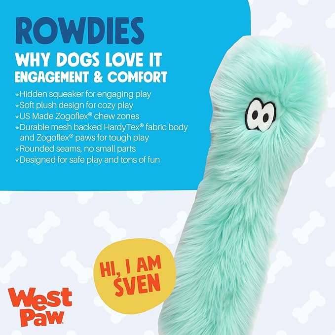 WEST PAW Rowdies Sven Durable Plush Dog Toy with HardyTex Reinforced Seams Squeaker - Soft Plush Exterior Hand Sewn by Skilled Artisans and Made in USA for Dogs - Citrus