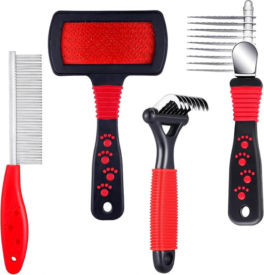 4 Pieces Pet Grooming Kit - Dematting Combs, Slicker Brush, and Steel Comb for Removing Knots and Hair from Dogs, Cats, and Poodles