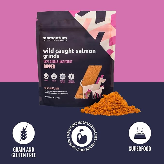 Momentum Carnivore Nutrition Freeze-Dried Wild-Caught Salmon Pet Food Topper – Single-Ingredient, All-Natural Topper – High-Protein for Dogs and Cats, Grain-Free and Made in The USA– (3.75 oz Bag)