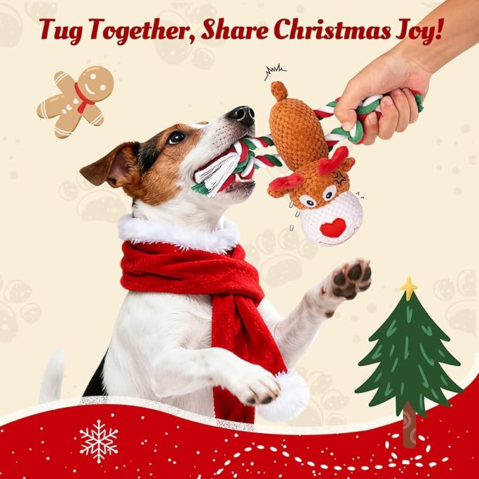 Christmas Dog Toys - Rope Reindeer Durable Squeaky Plush Dog Toy for Small, Medium & Large Dogs, Soft Xmas Gift for Pets