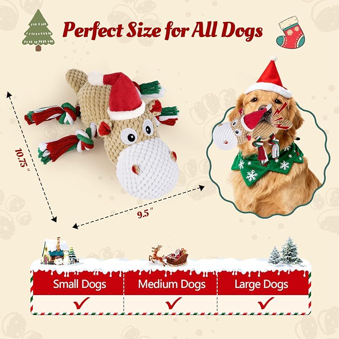 Christmas Dog Toys for Large Dogs - Squeaky Hippo Plush Dog Toys with Crinkle Paper, Cotton Ropes for Tug Games, Ideal Xmas Gift