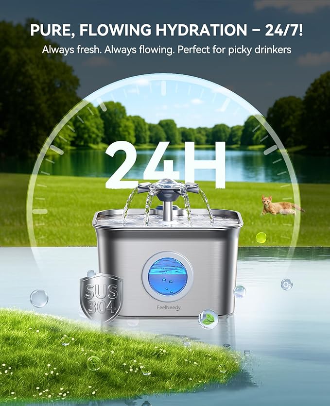 Stainless Steel Cat Water Fountain for Drinking with 9 Filters, 2.8L Auto Pet Drinking Fountain for Cats with 20dB Ultra-Quiet Pump, 24/7 Circulation Filtration LED Water Level Window Dishwasher Safe