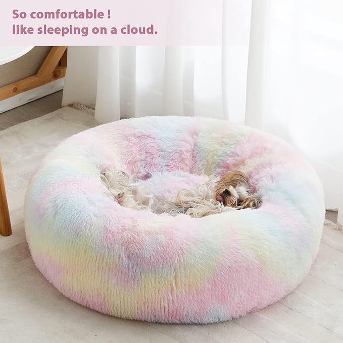 WNPETHOME Donut Dog Beds Large Sized Dog,Anti-Anxiety Caming Large Pet Bed,Fluffy Faux Fur Plush Puppy Bed，Warming Cozy Soft Round Bed for Pet, Cat Cuddler Cushion