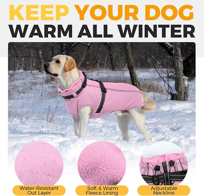 Lelepet Dog Coat for Large Dogs Waterproof Dog Jacket with Harness Built in Windproof Reflective Fleece Jacket with Zip Warm Winter Coats for Dogs Cozy Thermal Pet Snowsuit, Border Collie, Pink, XL