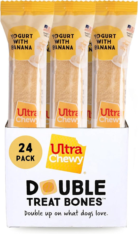 Ultra Chewy Yogurt with Banana Double Treat Bones: Long-Lasting Dog Treats Made in USA for Large and Small Breeds, Highly Digestible, Ideal for Aggressive Chewers (24 Count)