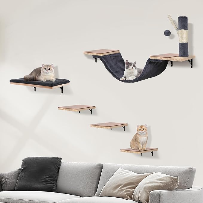 Cat Shelves for Wall,Solid Wood Cat Wall Furniture,with Hammock,Jumping Boards,Sofa,Steps,Scratching Post,Hanging Ball and Felt Pads, Suit for Cats Climb, Jump,Scratch-Dark