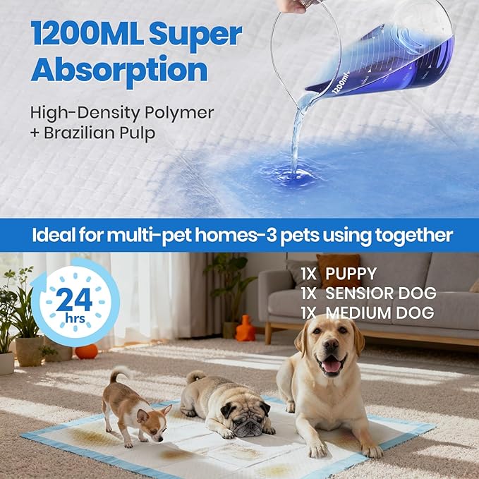 Gimars Thicker Ultra Absorbent 1200ml Pet Training Puppy Pads 28"x34" Extra Large Disposable Leak-Proof Quick Dry Pee Pads for Dogs, Cats, Rabbits, Home Training, 24 Hours Lasting, 30 Count