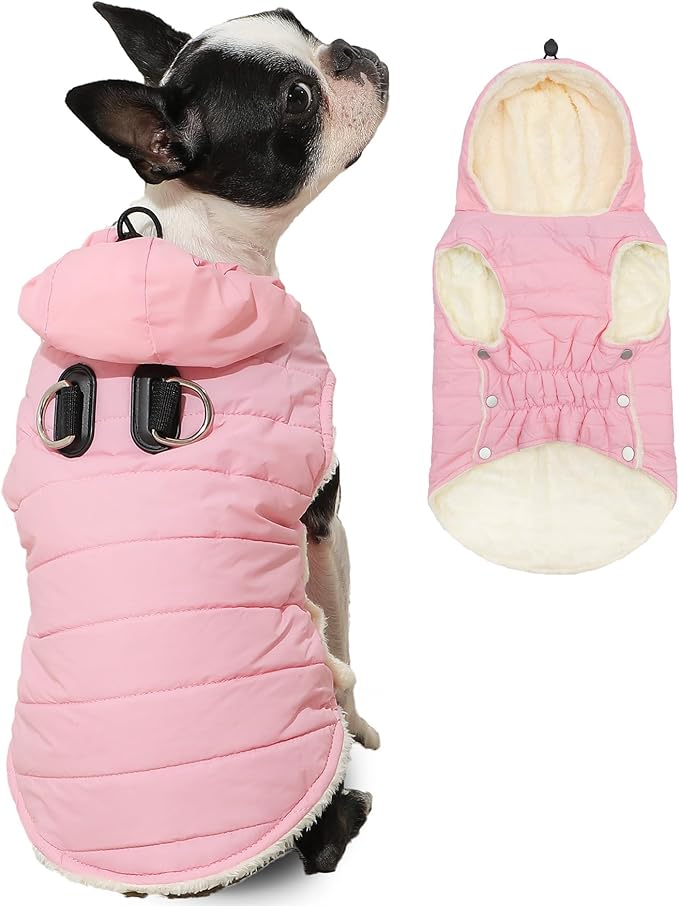 Fleece Lining Dog Hoodie with Harness Built in,Extra Warm Medium Dog Jacket in Winter Doggie Coats with Drawstring Hooded,Light Pink XL