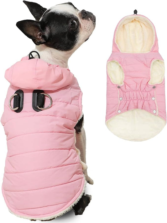 Fleece Lining Dog Hoodie with Harness Built in,Extra Warm Medium Dog Jacket in Winter Doggie Coats with Drawstring Hooded,Light Pink XL