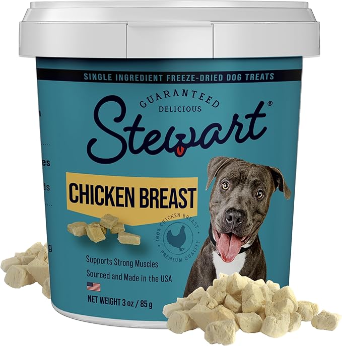 Stewart Chicken Breast Dog Treats, 3 oz, ~55 Pieces, Freeze Dried Raw, Single Ingredient, 74% Protein Training Treats or Meal Topper in a Resealable Tub, Grain Free, Gluten Free