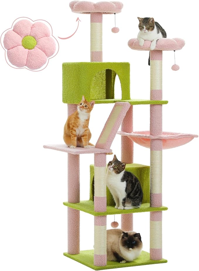 Flower Cat Tree, 70.9" Tall Tree for Indoor Cats, Large Tree for Large Cats, Multi-Level Tower with 6 Scratching Posts, 2 Condos, 2 Perches, Hammock, Pompoms, Pink