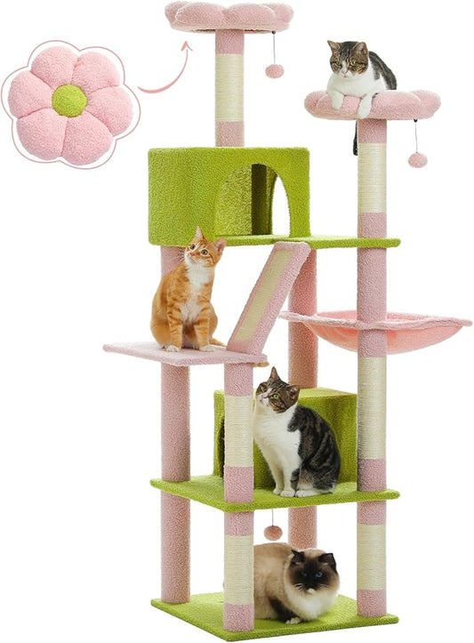 Flower Cat Tree, 70.9" Tall Tree for Indoor Cats, Large Tree for Large Cats, Multi-Level Tower with 6 Scratching Posts, 2 Condos, 2 Perches, Hammock, Pompoms, Pink