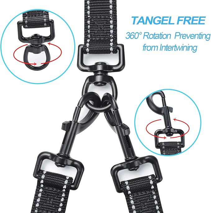 PetBonus Double Dog Leash, No Tangle Dual Leash, Reflective Walking Training Lead, 4 Comfortable Padded Handles for 2 Dogs with Collapsible Bowl and Waste Bags (Black, Large)